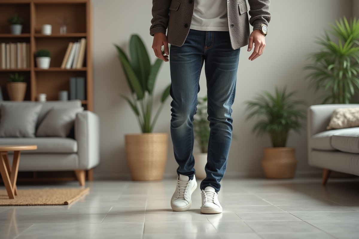 Jeune homme dans un salon vérifiant le carrelage