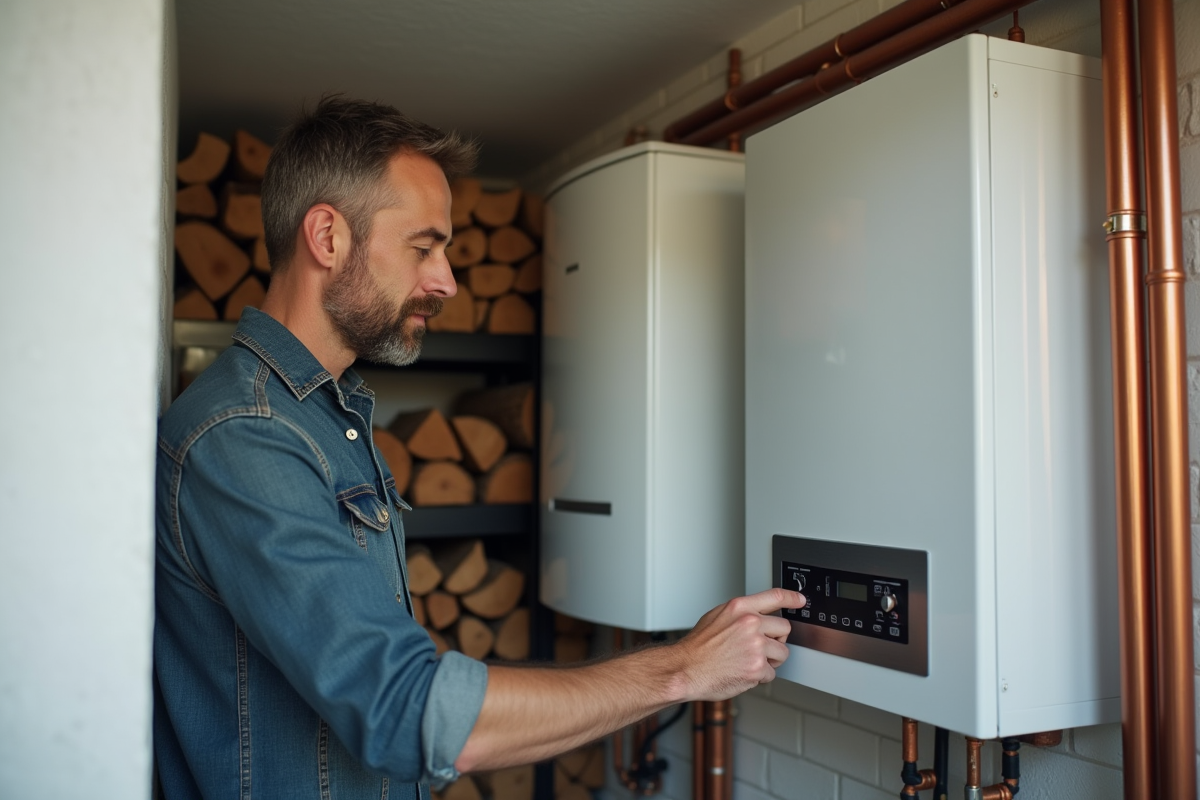 Homme comparant une pompe à chaleur moderne et une vieille chaudière fioul
