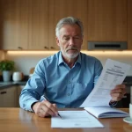 Homme vérifiant facture de gaz dans sa cuisine