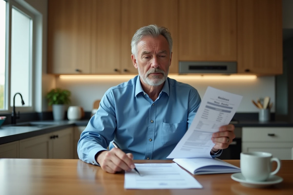 Homme vérifiant facture de gaz dans sa cuisine