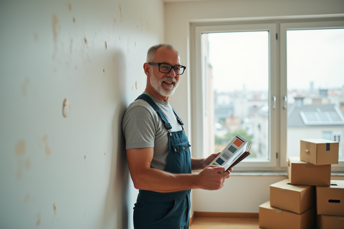 Homme mature inspectant un échantillon de peinture dans une pièce vide