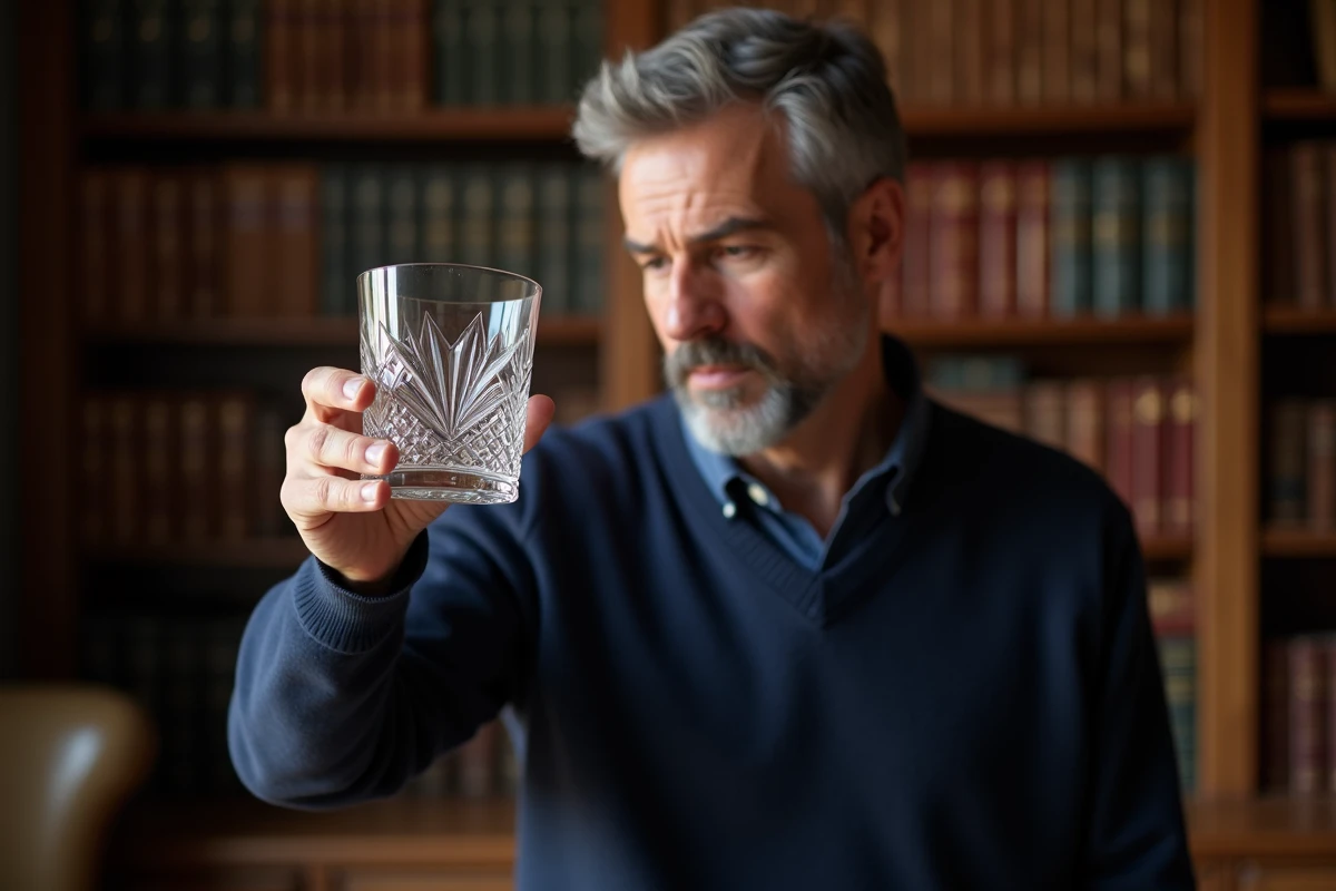Homme examinant un verre à whisky en cristal taillé dans une bibliothèque chaleureuse, choix du coffret parfait