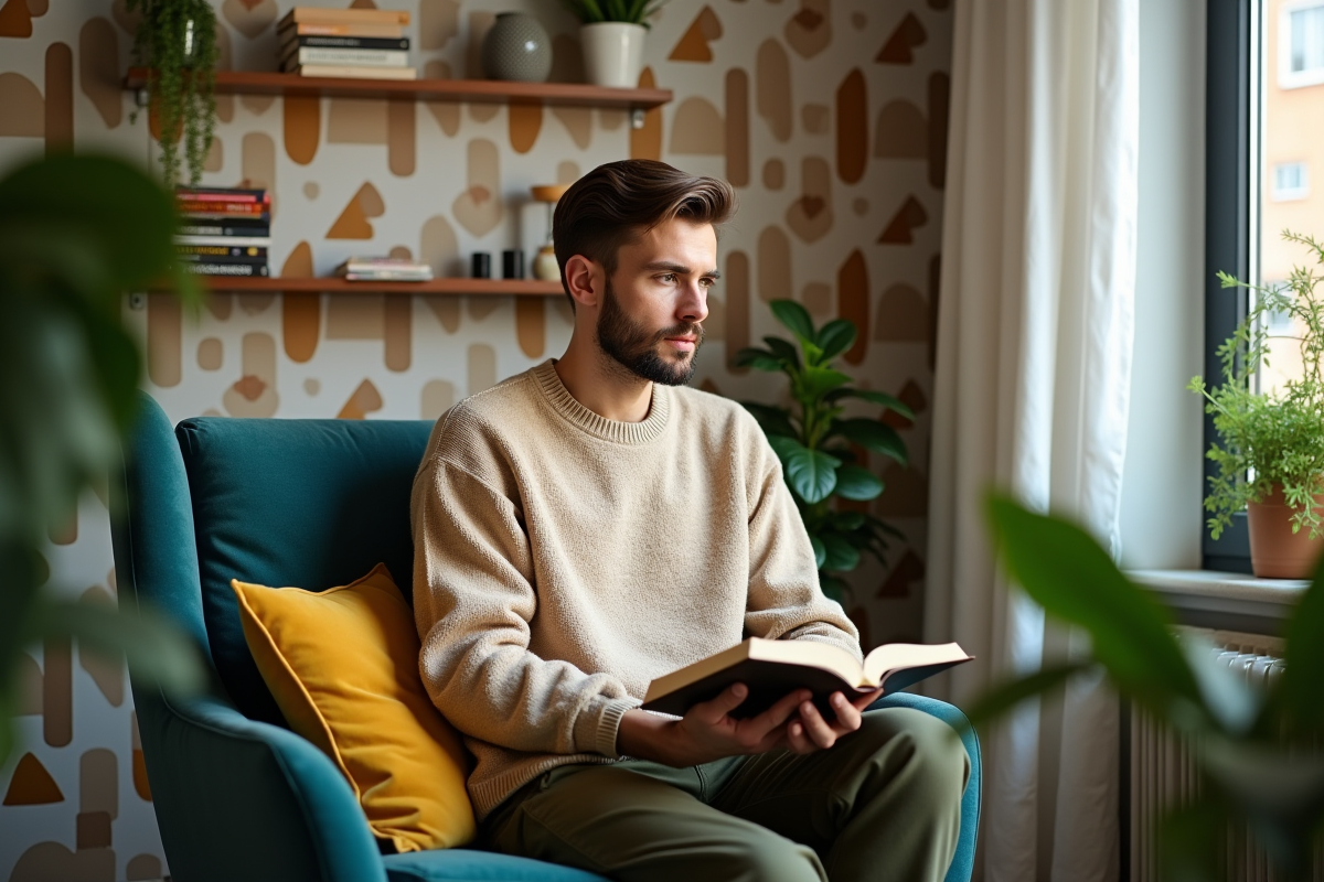 Homme examinant un mur avec papier peint géométrique dans un coin lecture