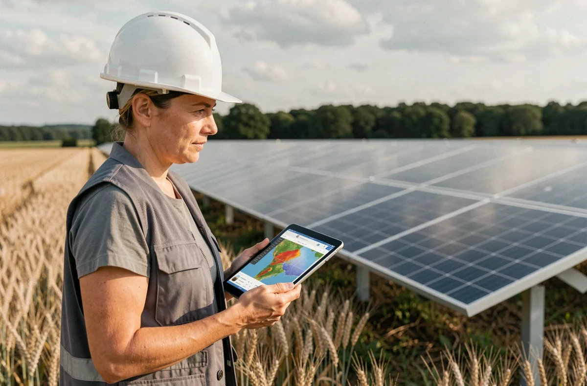 Ingénieure analysant l'orientation et la position de panneaux solaires au sol dans un champ agricole à l'aide d'une tablette