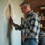 Homme inspectant une tache d'humidite sur un mur peint