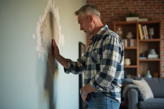 Homme inspectant une tache d'humidite sur un mur peint