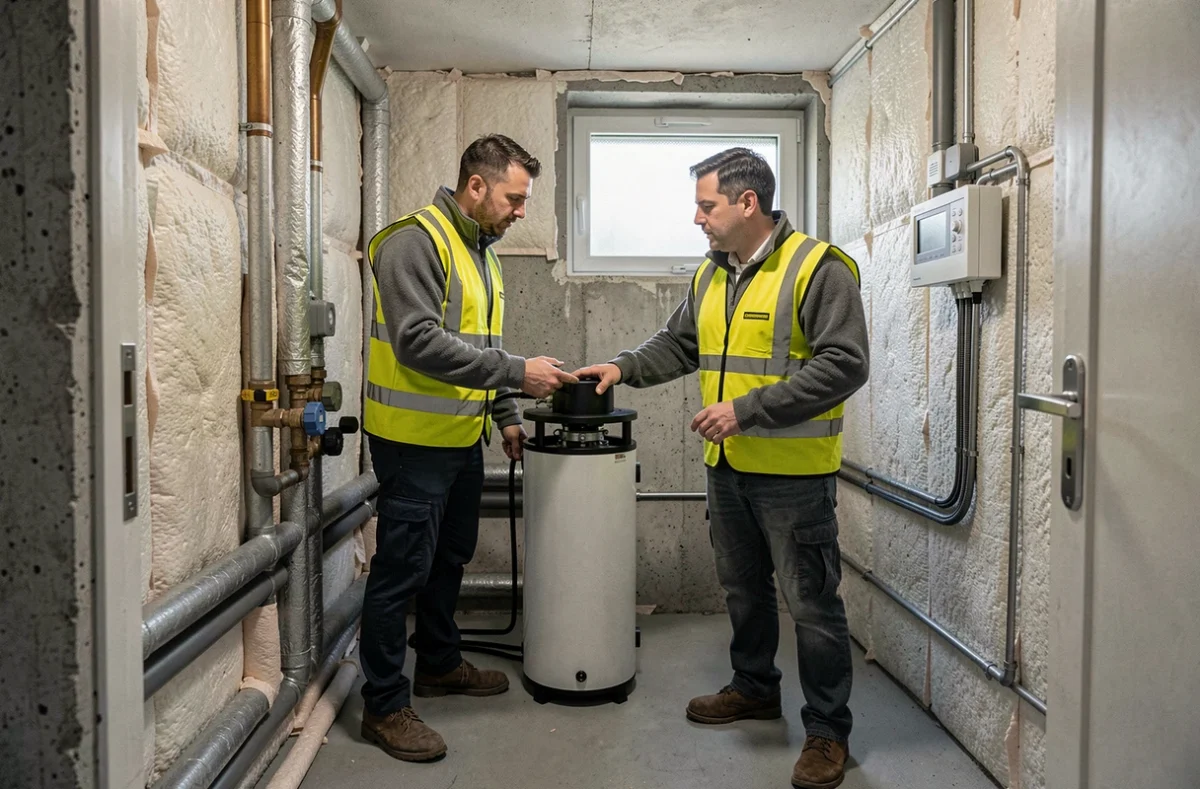 Deux ingénieurs inspectant une pompe à chaleur géothermique installée dans la chaufferie d'un immeuble résidentiel à Limoges
