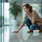 Femme d'affaires inspectant un sol moderne de bureau