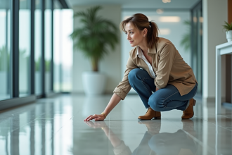Femme d'affaires inspectant un sol moderne de bureau