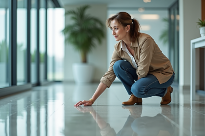 Femme d'affaires inspectant un sol moderne de bureau