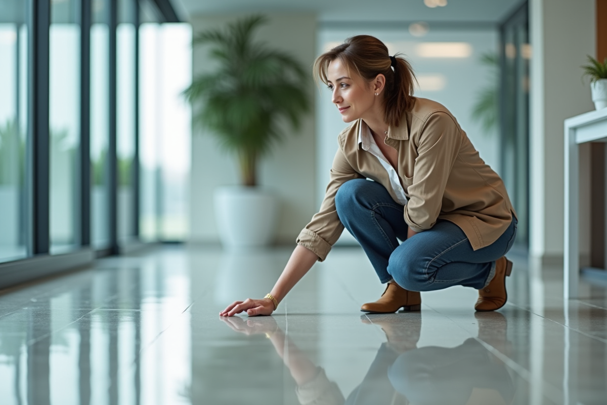 Femme d'affaires inspectant un sol moderne de bureau