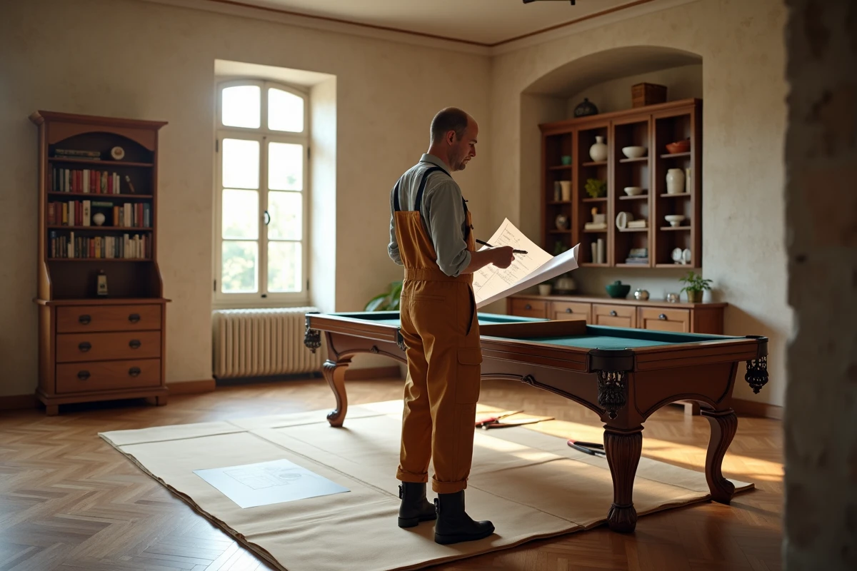 Installateur professionnel vérifie un plan pour poser un billard dans une pièce lumineuse