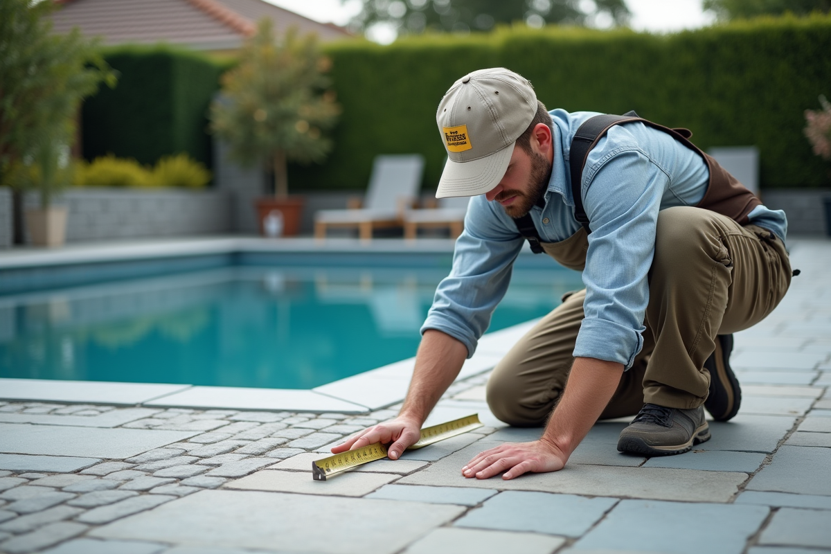 Installateur mesurant le terrain pour la piscine en construction