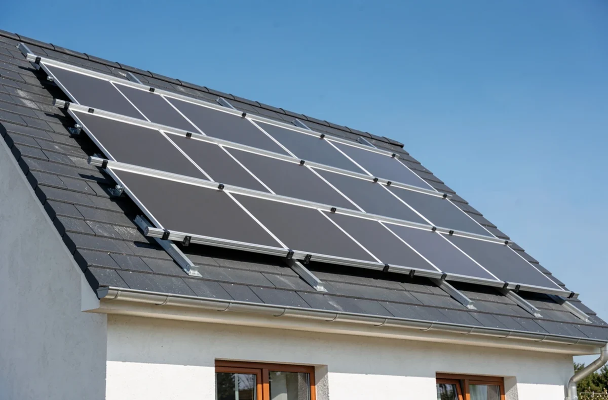 Vue large d'une installation complète de panneaux solaires sur rails en aluminium sur un toit ardoise résidentiel