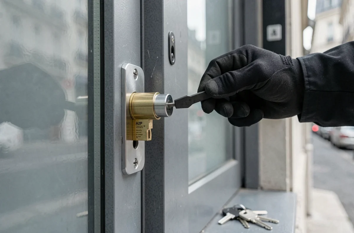 Gros plan sur l'installation d'un cylindre haute sécurité certifié A2P sur une porte blindée parisienne