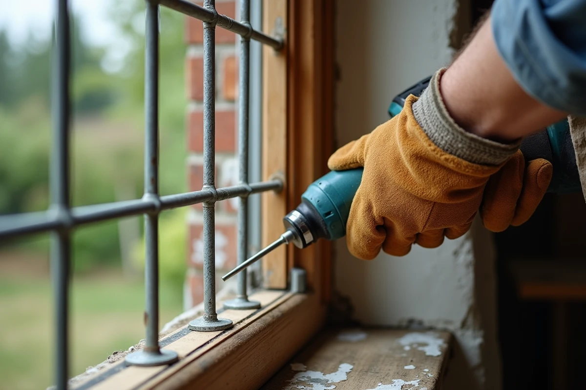 Pose d'un grillage de sécurité sur une fenêtre de maison rurale par un artisan