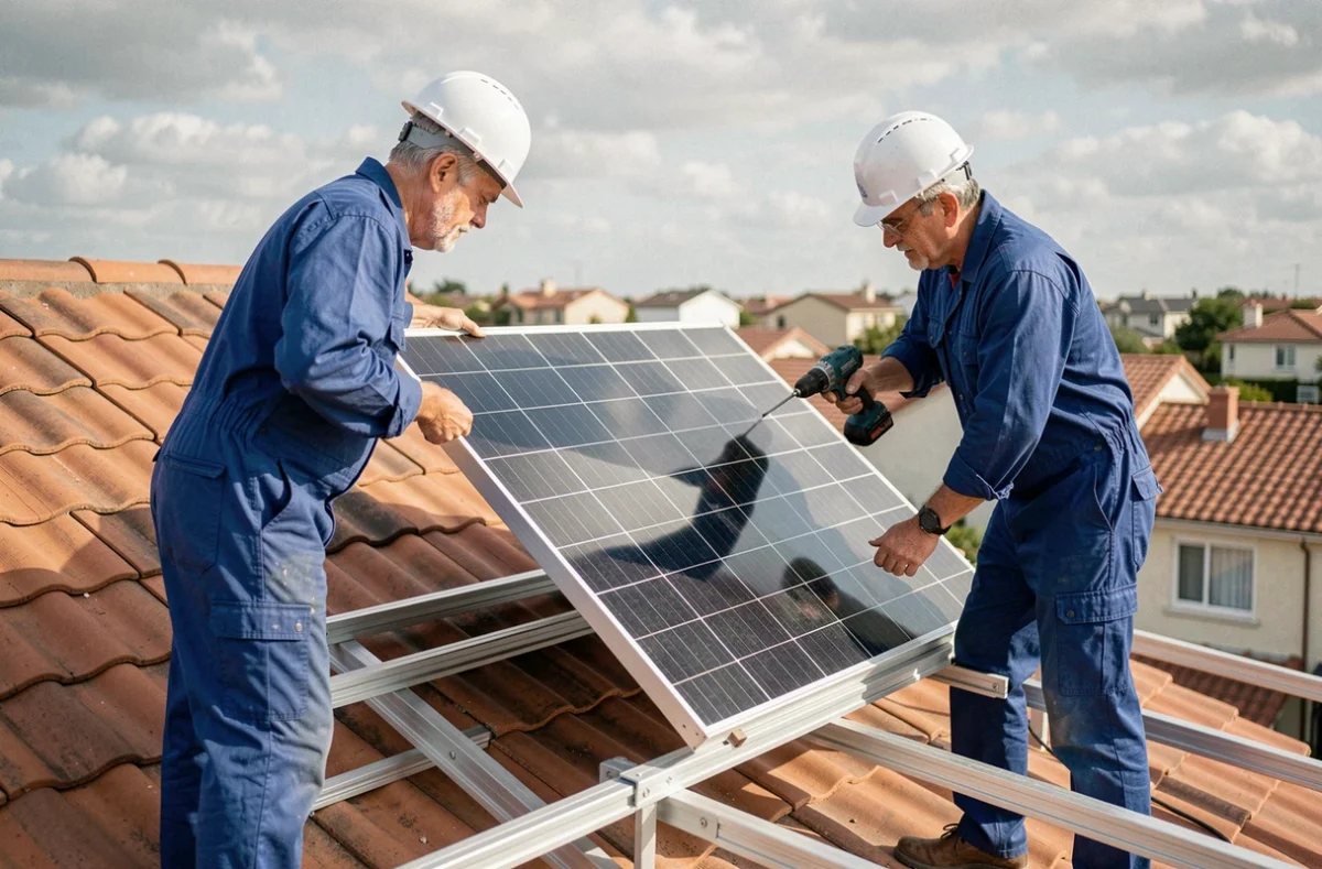 Techniciens installant un panneau solaire 500W sur une toiture résidentielle en tuiles