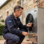 Technicien en chauffage inspectant une pompe à chaleur air-eau installée sur la façade en pierre d'une maison à Limoges
