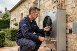 Technicien en chauffage inspectant une pompe à chaleur air-eau installée sur la façade en pierre d'une maison à Limoges