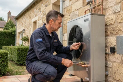 Technicien en chauffage inspectant une pompe à chaleur air-eau installée sur la façade en pierre d'une maison à Limoges