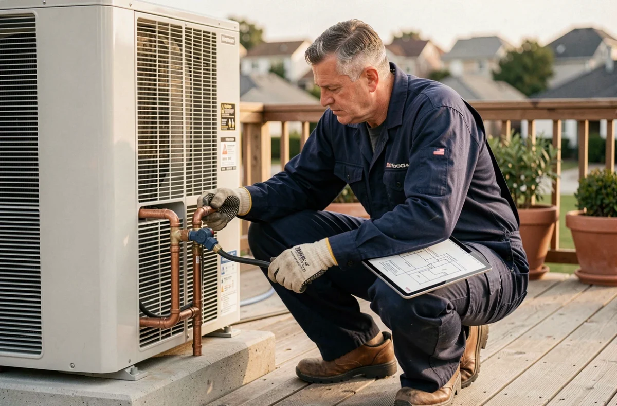 Technicien HVAC installant une pompe à chaleur 16 kW LG Therma V sur une terrasse en bois de maison individuelle
