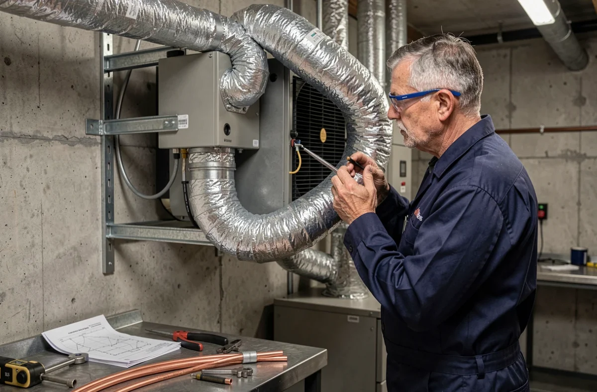 Technicien installant une unité intérieure de pompe à chaleur gainable dans une pièce technique