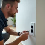 Technicien installant une prise TV murale RJ45 et coaxiale dans un appartement moderne