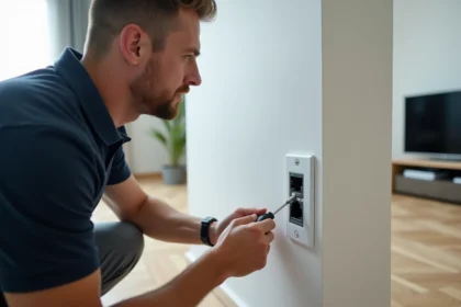 Technicien installant une prise TV murale RJ45 et coaxiale dans un appartement moderne