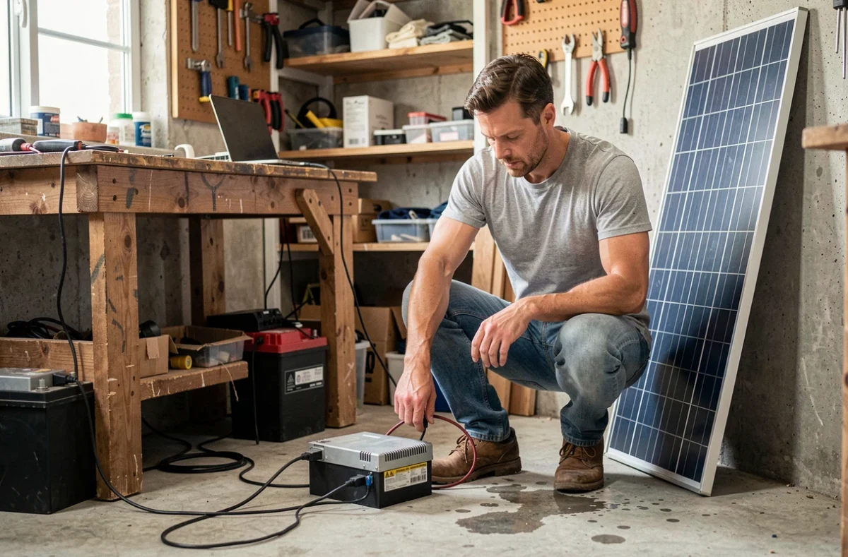 Homme installant un système solaire autonome 150W avec contrôleur de charge, batterie et onduleur dans un atelier de garage