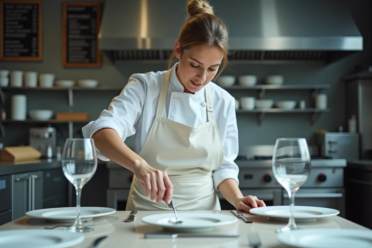 Instructrice en école hôtelière montrant le positionnement correct d'un verre à eau sur une table de formation