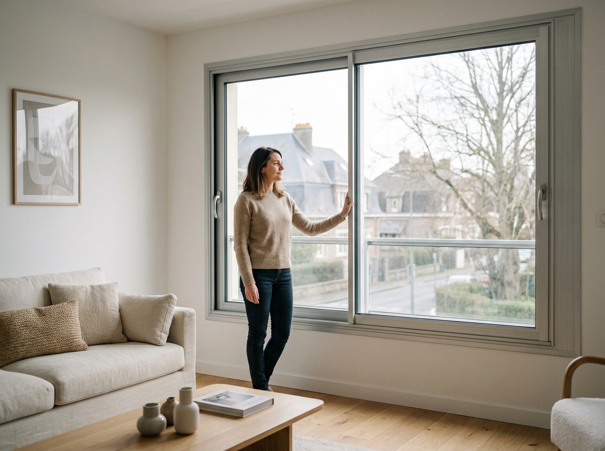 Femme devant une fenêtre coulissante en aluminium dans un appartement à Dunkerque