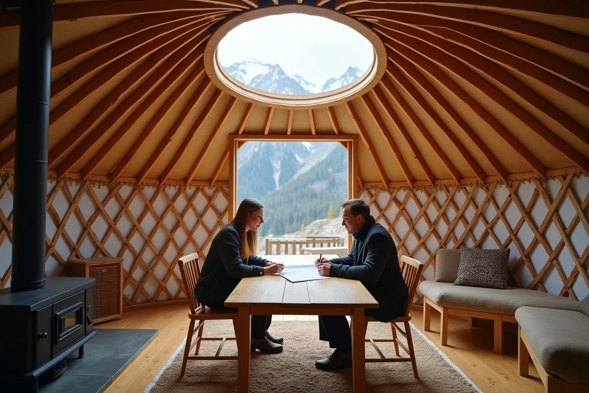 Intérieur d'une yourte de montagne avec un couple étudiant des plans d'installation, poêle à bois et treillis en bois visible