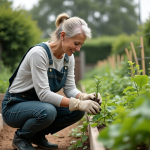 Femme en salopette de jardinage arrosant un potager