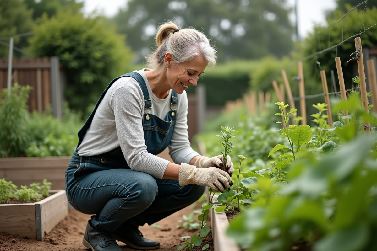 Femme en salopette de jardinage arrosant un potager