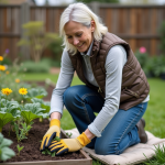 Femme d'âge moyen en tenue de jardinage dans un potager verdoyant