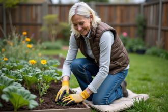 Femme d'âge moyen en tenue de jardinage dans un potager verdoyant