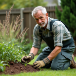 Homme en vêtements durables retire des fougères horsetail