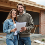 Jeune couple avec plans et tablette devant maison en construction
