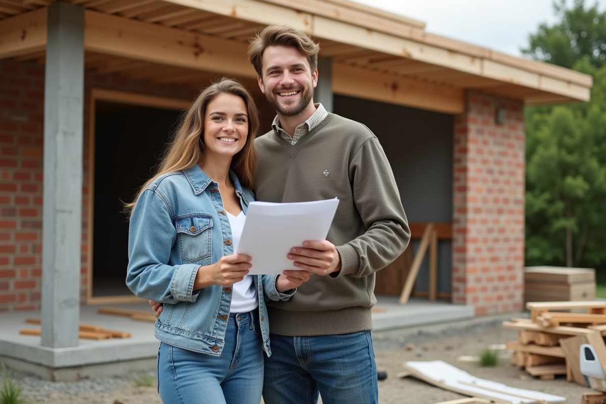 Jeune couple avec plans et tablette devant maison en construction