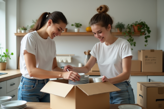 Jeune couple emballant des plats dans un appartement organisé