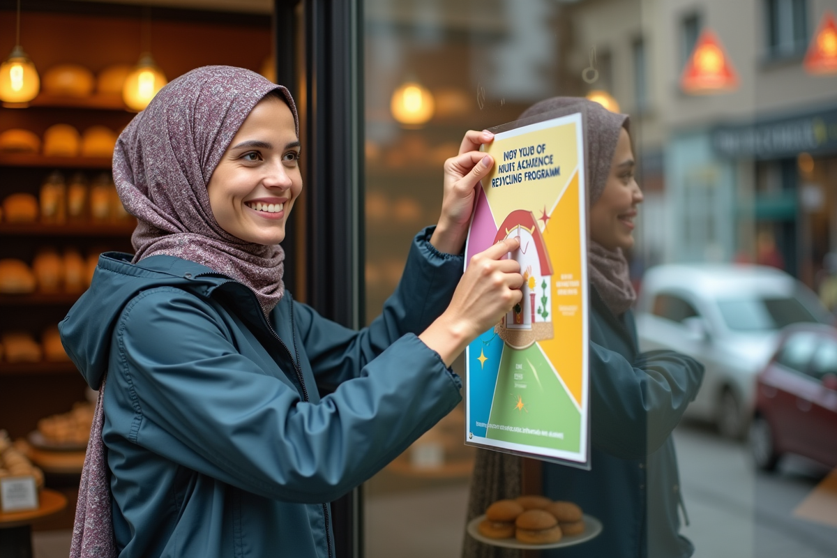 Jeune femme collant une affiche de recyclage à la boulangerie