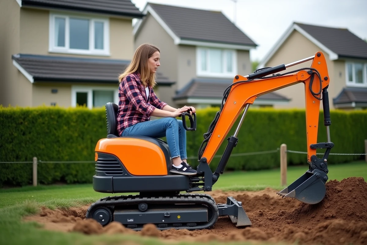 Jeune femme opérant une miniexcavator dans un jardin
