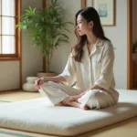Jeune femme en pyjama en lin sur matelas japonais traditionnel