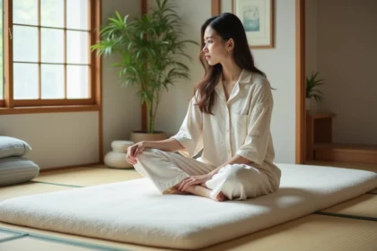 Jeune femme en pyjama en lin sur matelas japonais traditionnel