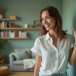 Jeune femme touchant un mur vert sage dans un salon cosy