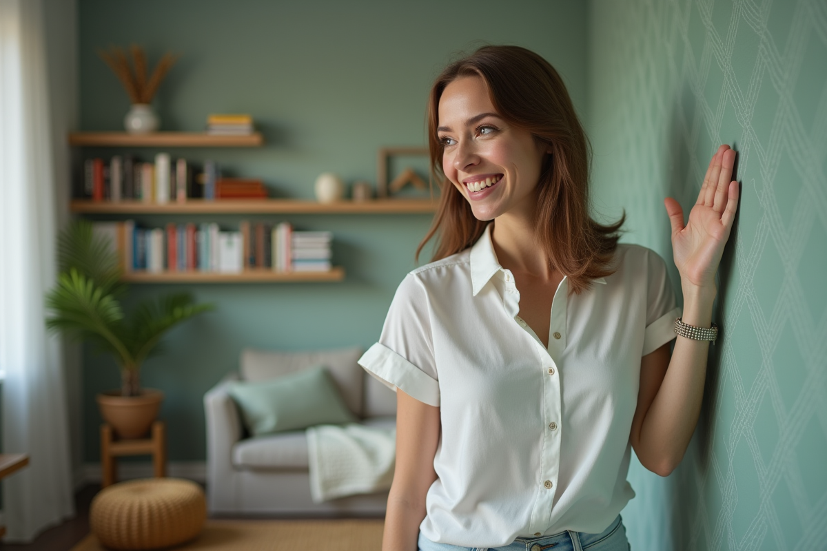 Jeune femme touchant un mur vert sage dans un salon cosy