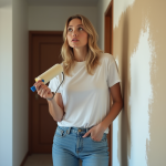Jeune femme en jean et t-shirt blanc dans un appartement en cours de peinture