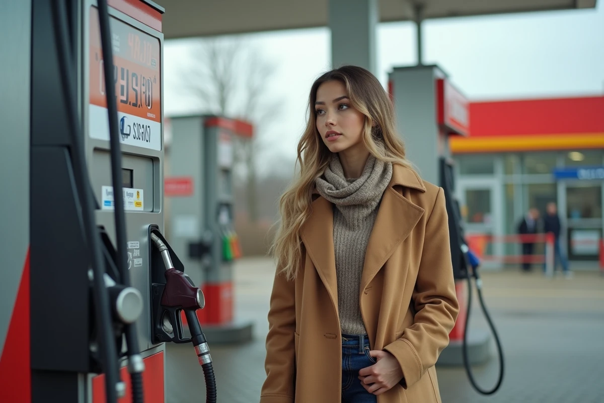 Jeune femme regardant le prix du gaz à la station