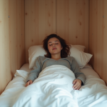 Jeune femme en pyjama dans une petite cabane en bois