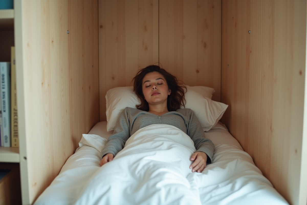 Jeune femme en pyjama dans une petite cabane en bois